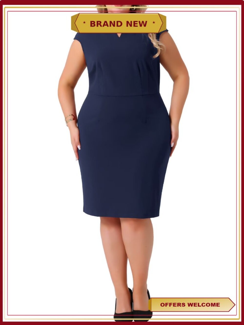 Plus Size Sheath Dress Notched Neck Sleeveless Work Event
